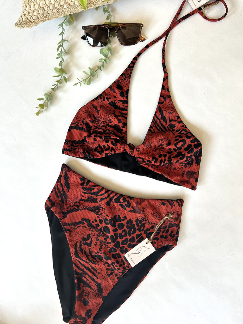 Red Animal Print Reversible High Waist Bikini Set - Large